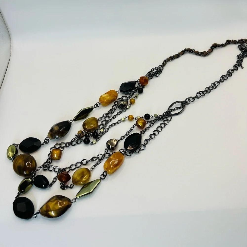 Statement Multi Strand Necklace Amber Brown Black Beads Gunmetal Chain NY Tag